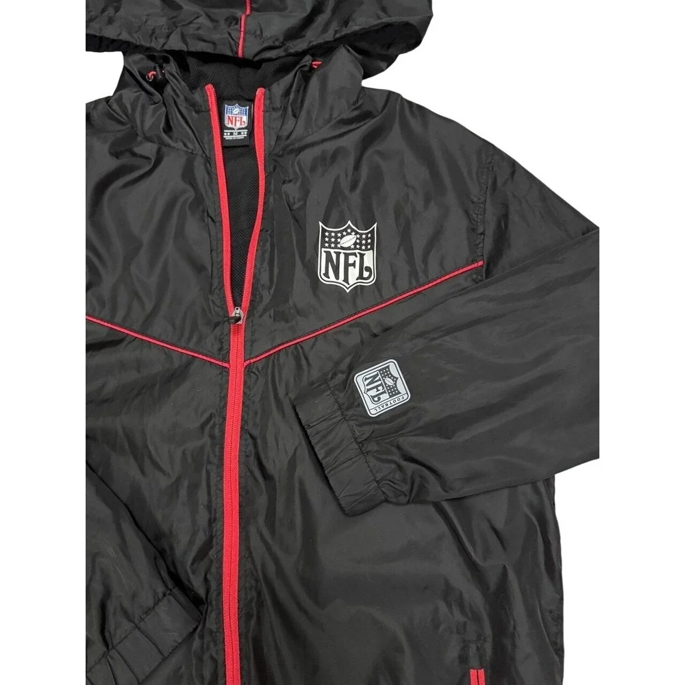 NFL‎ Windbreaker Jacket Mens Medium Black Red Full Zip Hooded Mesh Lined Logo